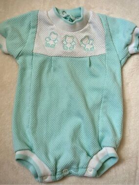 2pc Vintage Buster Brown Mint Teddy Bear Romper + HALO SleepSack Bundle 6-12M